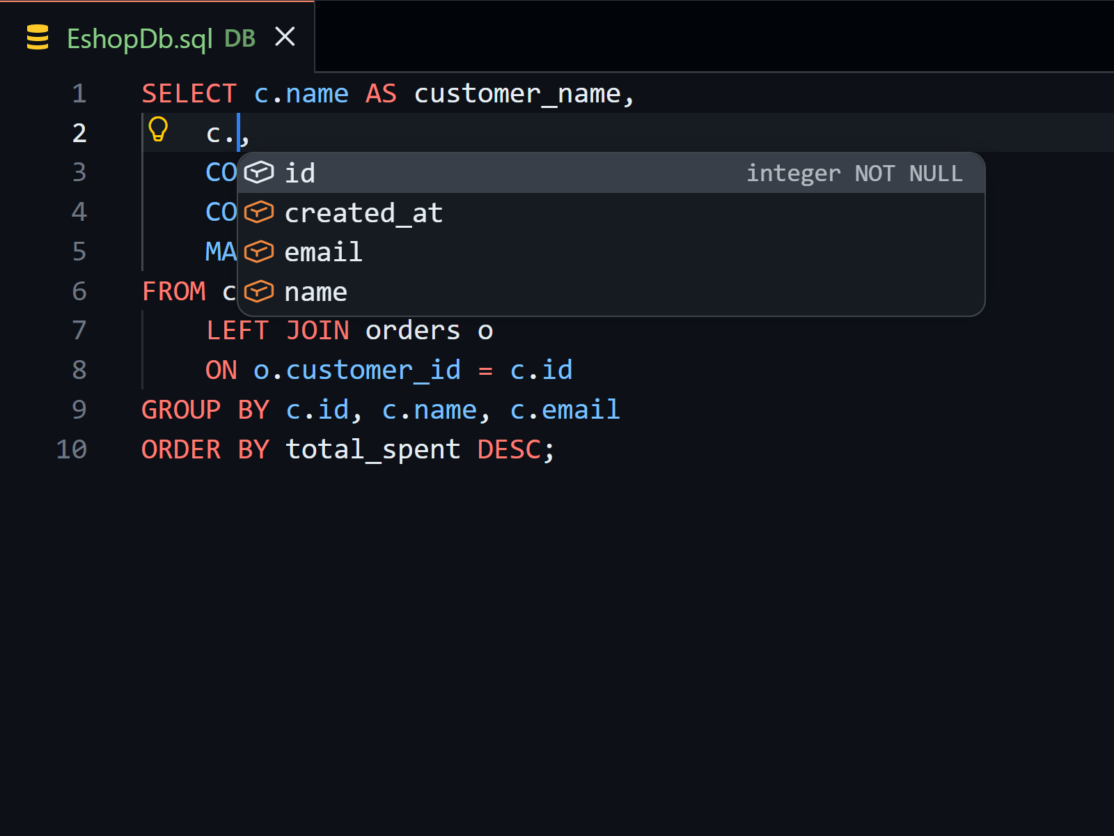 DataLoam SQL language server autocomplete